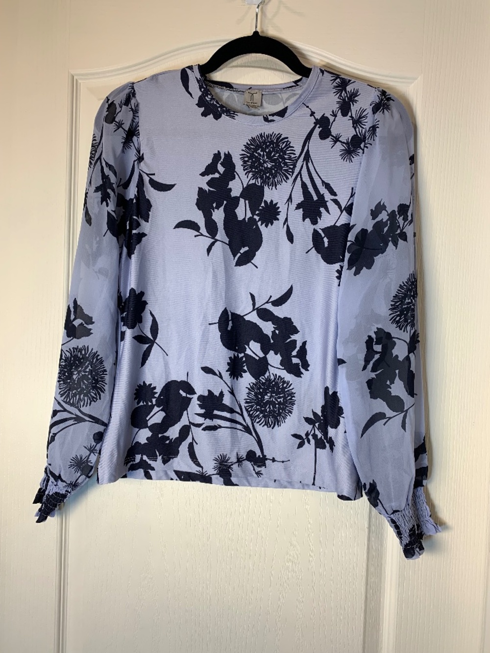 Tristan Lavender Floral Sheer Sleeve Blouse Ruched‎ Cuffs Romantic Style XS